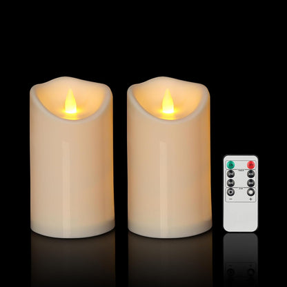 Outdoor Indoor Flameless Candles, Patented 3D Dual-LED, Set of 6 Slanted Top Durable Plastic Pillars with 2 Remotes & Timer, Non-Melting Waterproof Battery Candles for Patio Garden (Ivory)