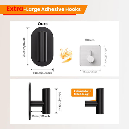 Aikzik Black Adhesive Hooks Heavy Duty-Max 26lb, Wall Hooks for Shower, Bathroom, Towel, Coat, Robe, Stainless Steel Hooks for Hanging, Sticky Hooks for Walls No Damage- 4 Pack