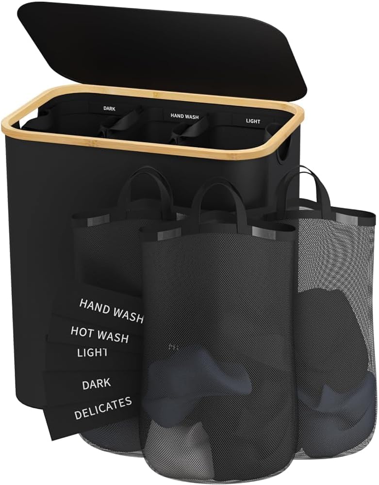 160L Laundry Hamper with Lid, 3 Section Laundry Basket with 3 Removable Bag | Clothes Hampers for Laundry with Bamboo Frame Handle, Large Dirty Clothes Hamper for Laundry Room, Bathroom, Bedroom, Black