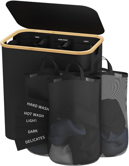 160L Laundry Hamper with Lid, 3 Section Laundry Basket with 3 Removable Bag | Clothes Hampers for Laundry with Bamboo Frame Handle, Large Dirty Clothes Hamper for Laundry Room, Bathroom, Bedroom, Black