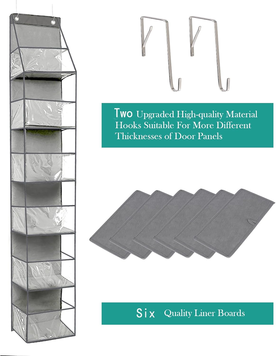 4-Shelf Over The Door Hanging Pantry Organizer, Behind The Door Storage Organizer, with Clear Plastic Pockets, for Bedrooms, Closets, Bathrooms, Small Apartments, College Dorms (Grey)