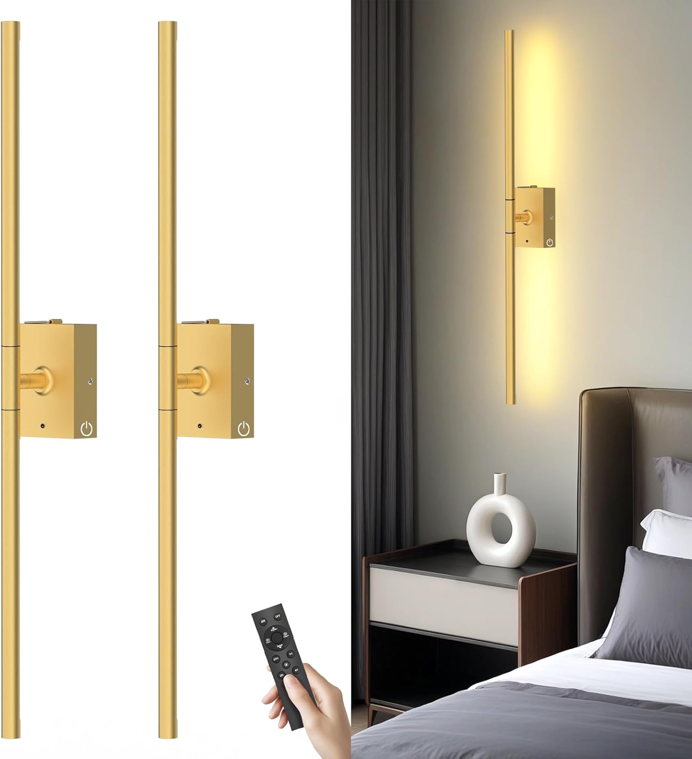 Battery Operated Wall Sconces Set of 2: 10000mAh Rechargeable Wall Lights with Remote, 360° Rotate 3000K-6000K LED Wireless Wall Light Fixtures Decor for Bedroom Living Room Hallway Picture Lighting