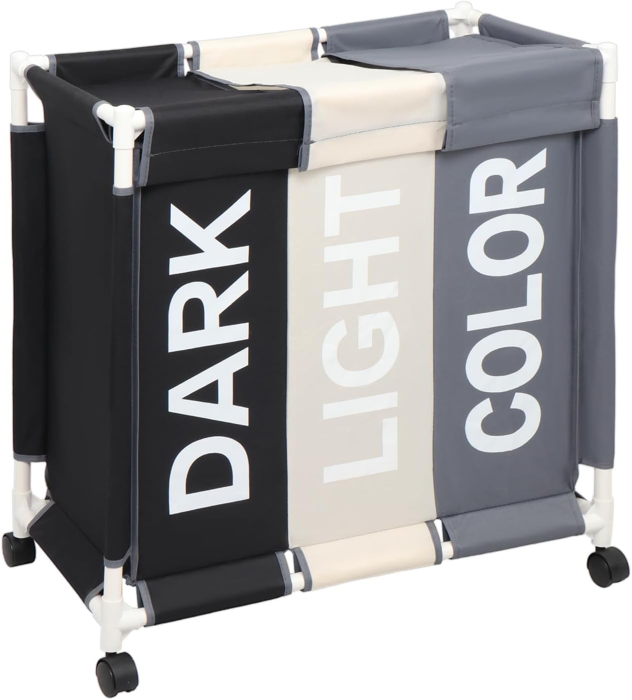 Laundry Basket 3 Section Freestanding Laundry Hamper Dirty Clothes Basket Sorter with Lid and Rolling Wheel, White+Dark+Grey