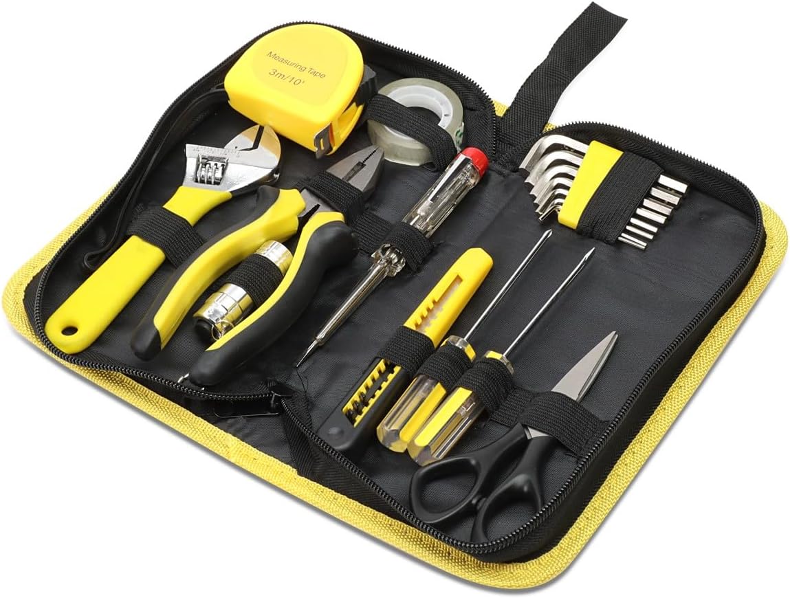 Auto Dynasty Tool Kit for Home 16-Pieces, Basic Household Hand Tool Sets with Hex Key Screwdriver and Adjustable Wrench, All in One Storage Bag for Garage, Home Maintenance, Auto Repair (Orange)