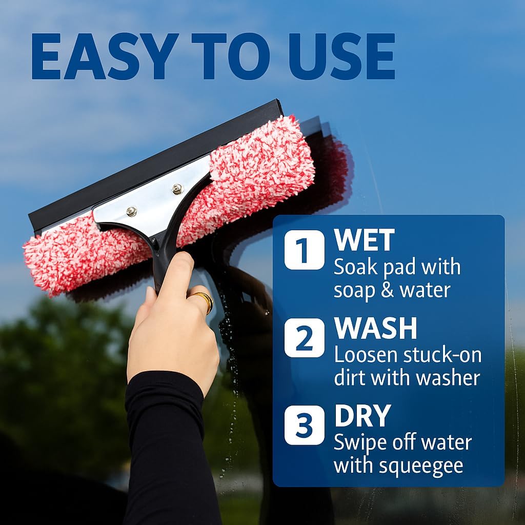 Libman 2-in-1 Window Washer & Squeegee – Premium Microfiber Glass Cleaner, Streak-Free Window Cleaning Tool, Fits Telescopic Poles – 11.25" Wide Head for Windows, Mirrors, Shower Doors, and Cars