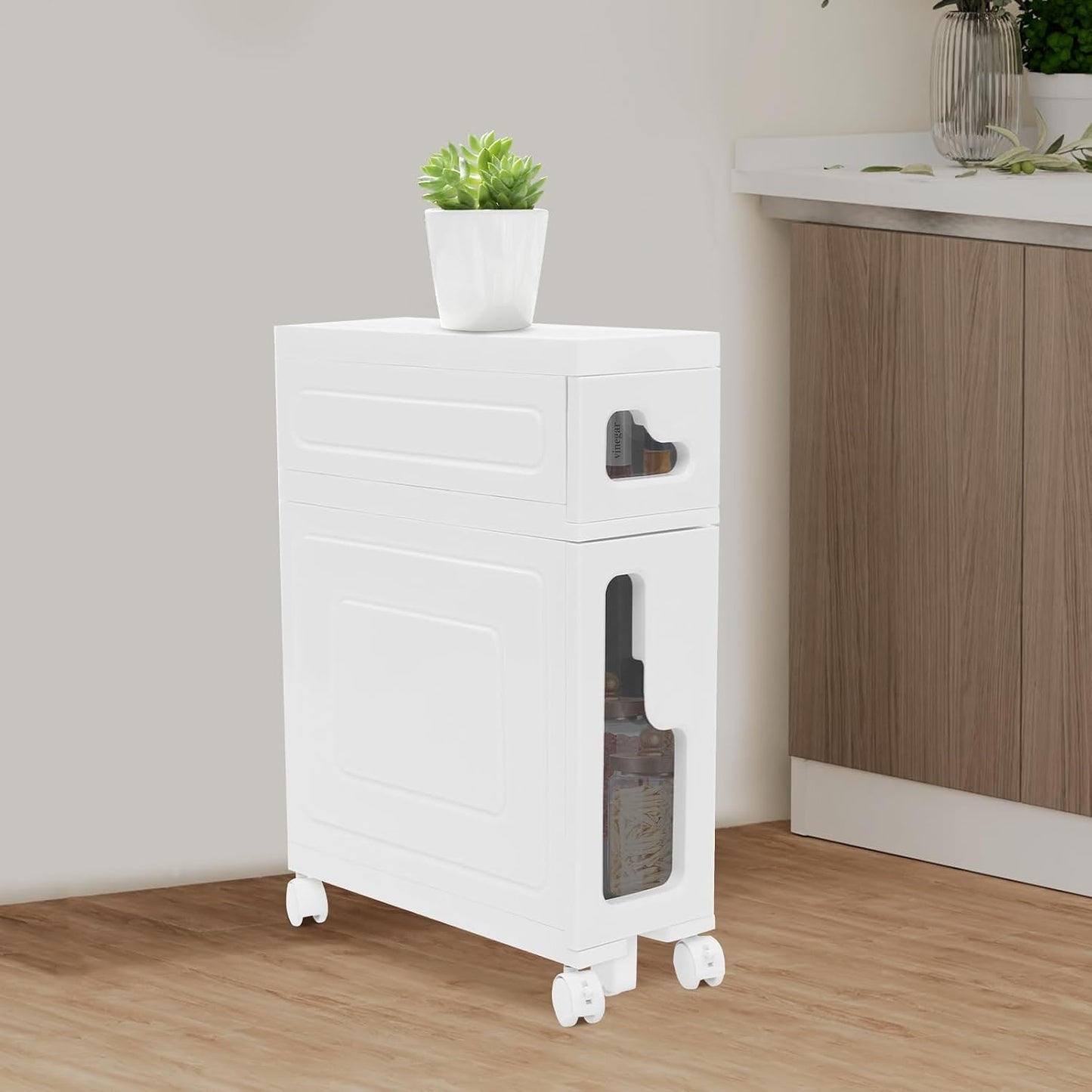 2 Tier Slim Bathroom Storage Cabinet with Movable WheelsSmall Bathroom Storage Cabinet Narrow Bathroom Storage Cabinet for Small Space, Bathroom, Kitchen, Laundry, White (15.7×6.3×22in)