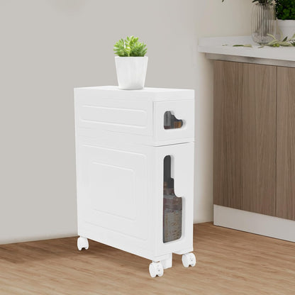 2 Tier Slim Bathroom Storage Cabinet with Movable WheelsSmall Bathroom Storage Cabinet Narrow Bathroom Storage Cabinet for Small Space, Bathroom, Kitchen, Laundry, White (15.7×6.3×22in)
