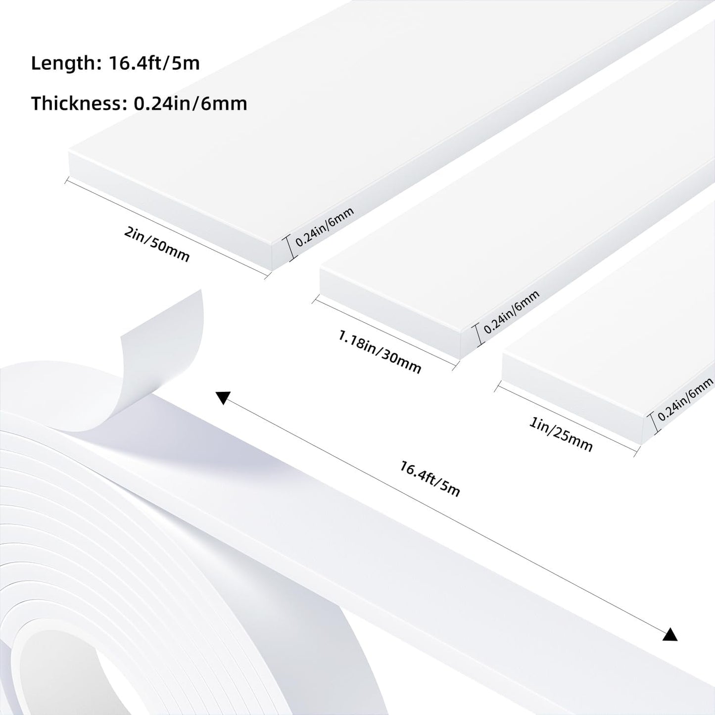 Weather Stripping Door Seal White,1/2Inch Wide X 1/4 Inch Thick,Air Conditioner Window Seal,Self Adhesive Foam Tape High Density Foam Sealing Strip,Soundproof Foam Tape Roll,Total 16.4 Feet Long