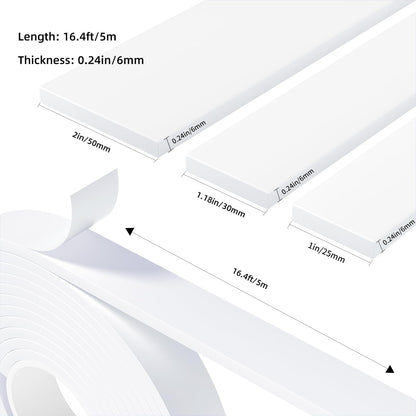 Weather Stripping Door Seal White,1/2Inch Wide X 1/4 Inch Thick,Air Conditioner Window Seal,Self Adhesive Foam Tape High Density Foam Sealing Strip,Soundproof Foam Tape Roll,Total 16.4 Feet Long