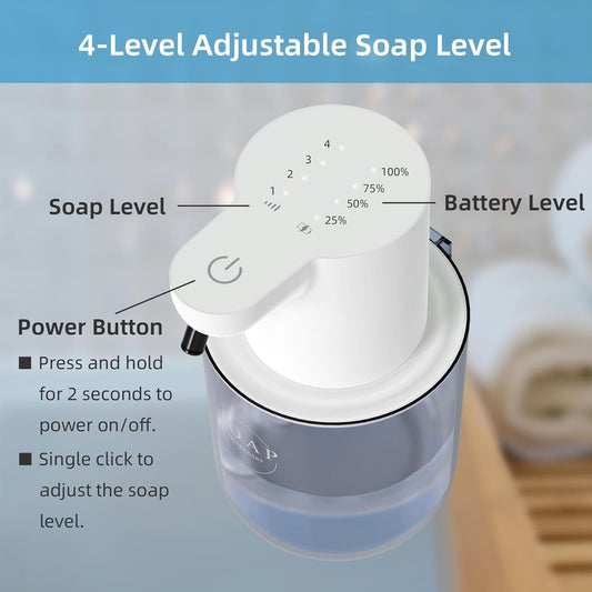 Automatic Foaming Soap Dispenser Touchless Rechargeable 13.53oz/400ml with Wall Mount and 4-Level Adjustable Electric Foam Soap Dispenser, Hand, Hands Free, Bathroom, Kitchen (White)