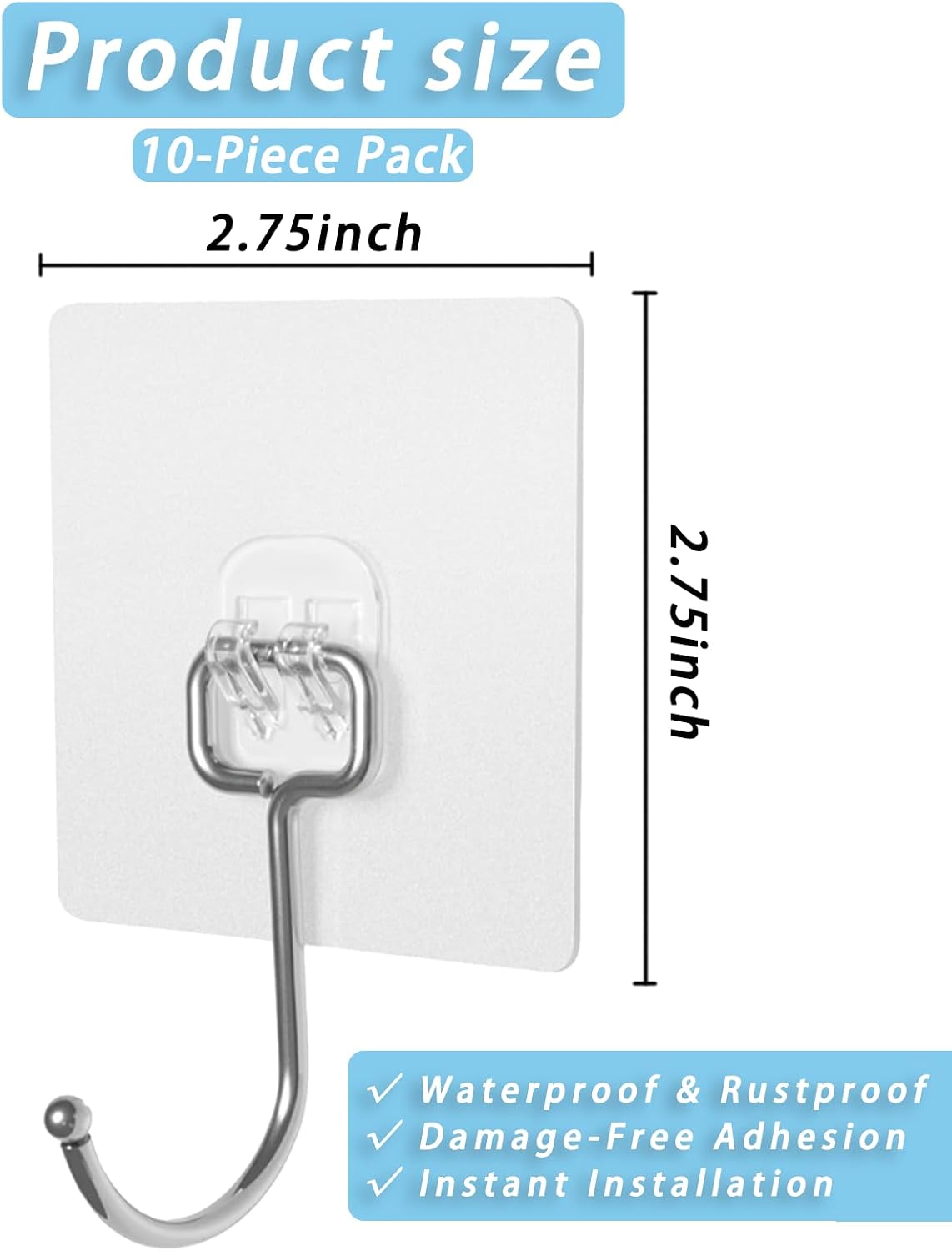 Adhesive Wall Hooks 10-Pack 60lb Heavy Duty - Waterproof Rustproof Sticky Hooks, No Damage Wall Hooks for Kitchen Bathroom Rental Home