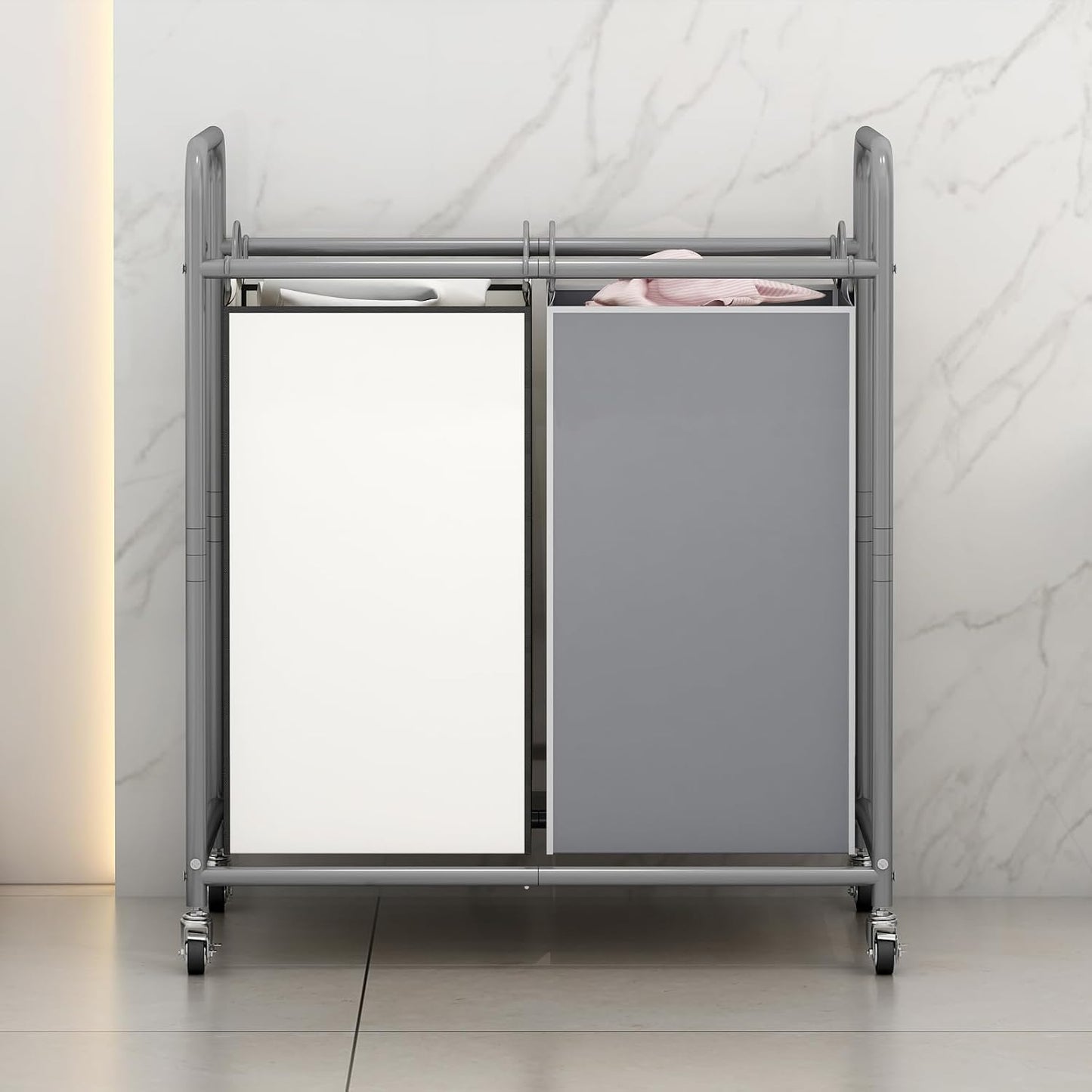 SUOERNUO Laundry Sorter Basket 2 Bag Laundry Hamper Cart with Rolling Lockable Wheels and Removable Bags Laundry Organizer Cart for Clothes Storage, Assorted