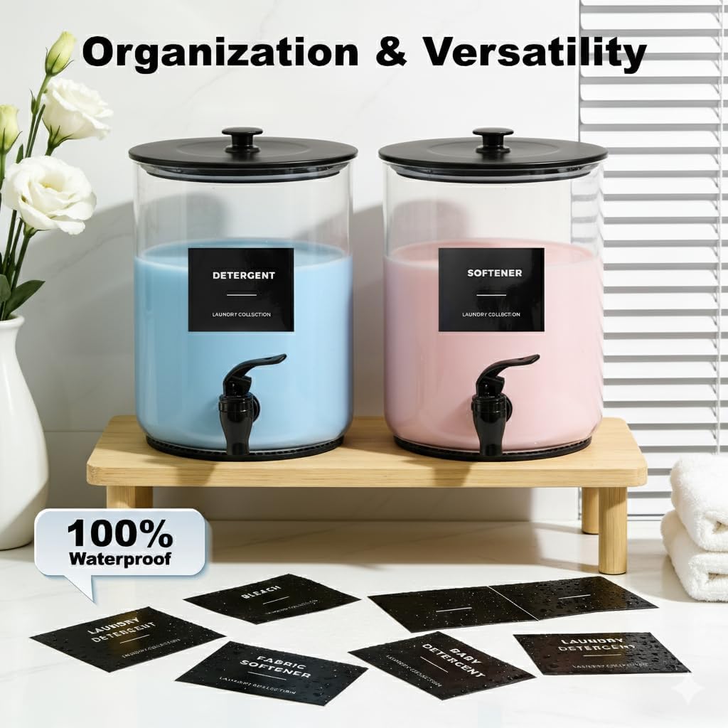 Glass Laundry Detergent Dispenser for Laundry Room Organization-Black | 1 Gallon Large Liquid Soap Dispenser with Black Metal Lid & Leak-Proof Spigot, 1 Measured Cups, 1 Silicone Mats & 9 Labels