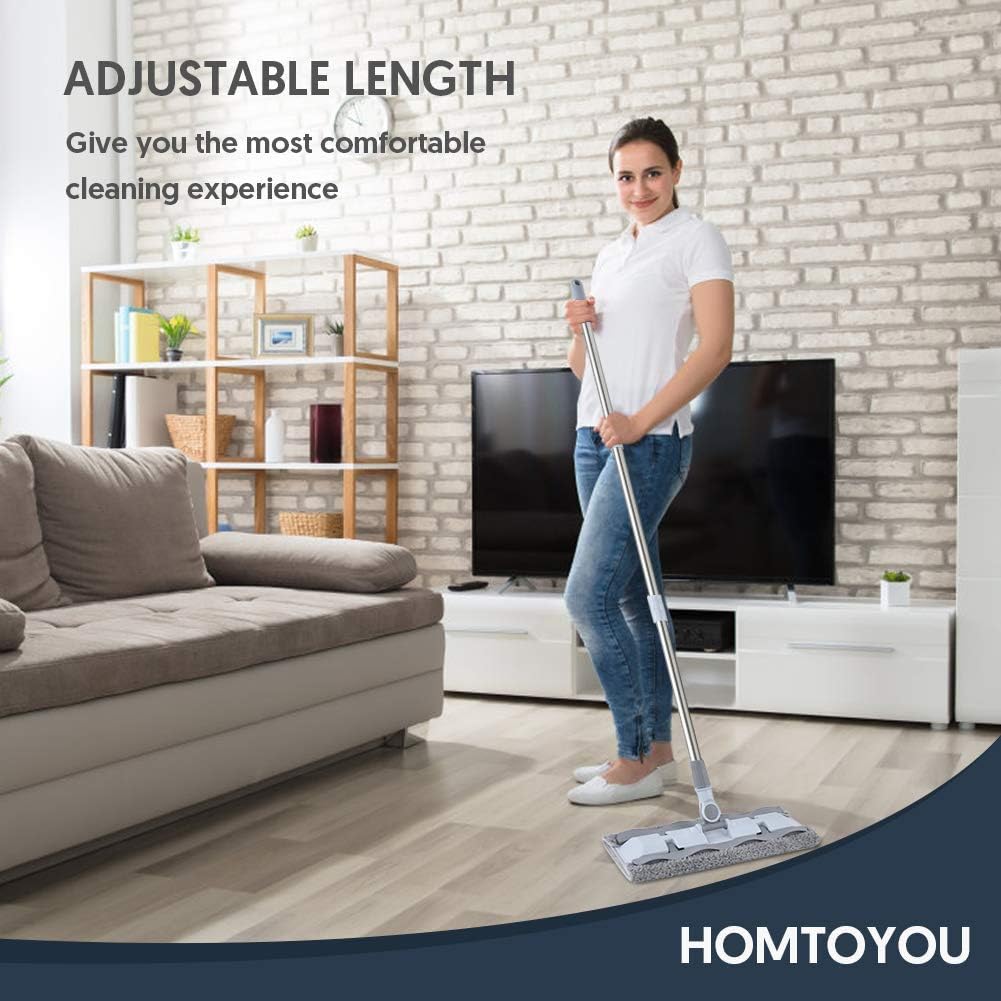 HOMTOYOU Microfiber Hardwood Floor Mop with 4 Washable Pads, 360 Rotation Dust Flat Mop with Ultra Long Stainless Steel Handle for Home/Office Floor Cleaning