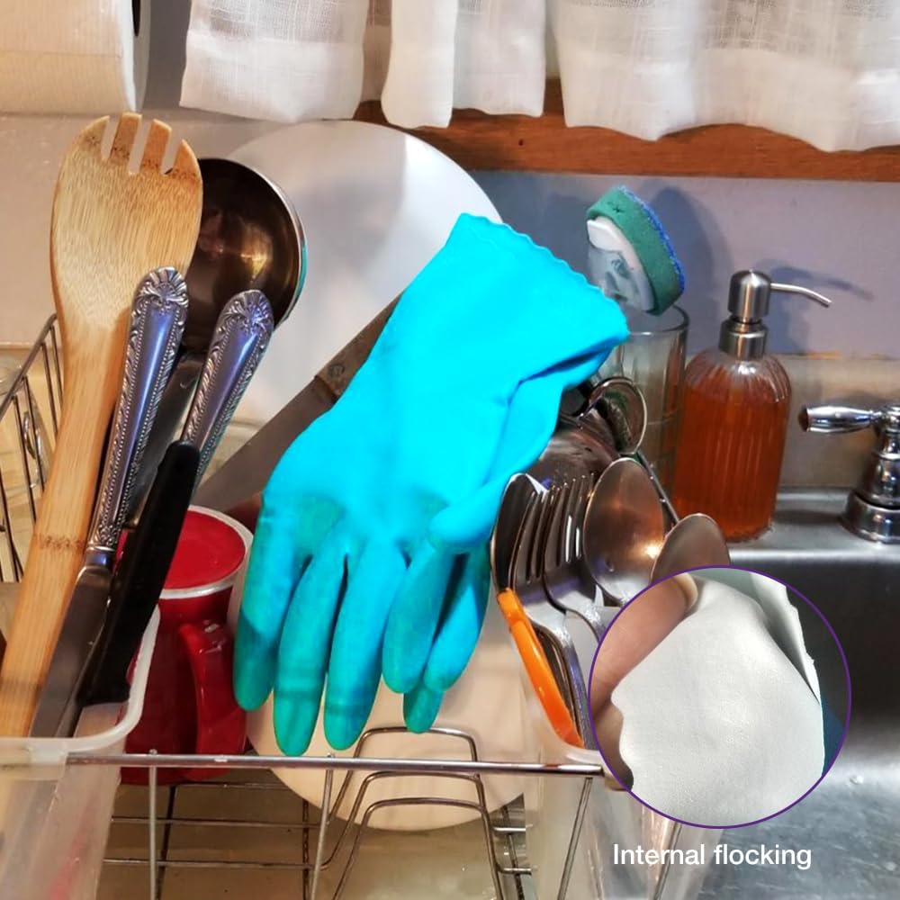 Alimat PluS 3 Pack Reusable Cleaning Gloves Latex Free, Dishwashing Gloves with Cotton Flock Liner and Embossed Palm, Waterproof Household Gloves for Laundry, Gardening (Medium)
