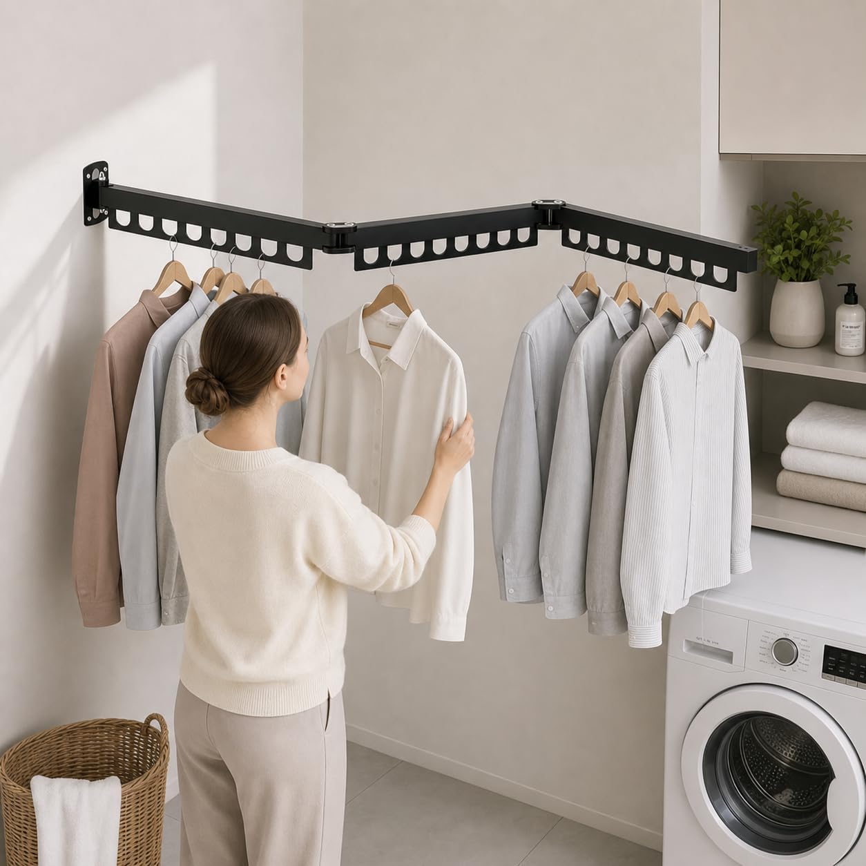 Wall Mount Laundry Drying Rack with 24 Hooks – Foldable 3-Bar Rustproof Steel Clothes Organizer, 360° Swivel Space-Saving Drying Station for Apartments, Laundry Rooms, Balconies & RVs