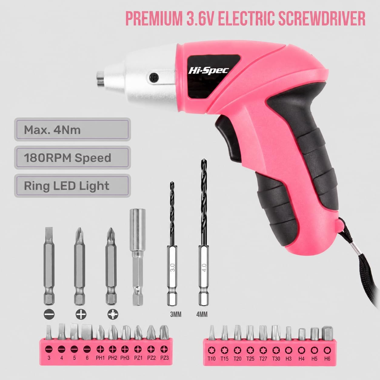 Hi-Spec Cordless Electric Screwdriver, Power Screw Driver Set with Pink Compact Tool Kit for Small Repair and Maintenance- Ideal Housewarming Gift,19 Piece