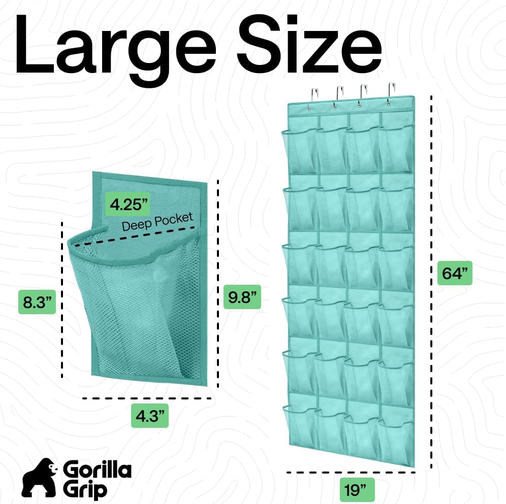 GORILLA GRIP Over the Door Shoe Organizer, 24 Large Breathable Mesh Pockets, Space Saving Hanging Storage Holder, Closet Rack Hanger Holds Up to 40 lbs, Hangs on Closets for Shoes, Accessories, Grey