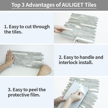 AULIGET 20 Sheets Peel and Stick Backsplash, Black & Grey Wood Look PVC Mixed Metal Stick on Backsplash Tiles for Kitchen