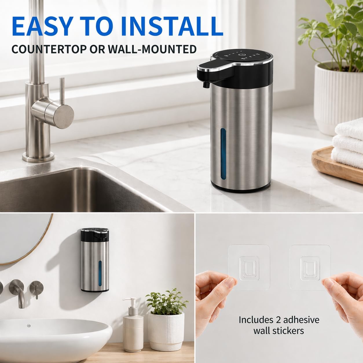 Automatic Foaming Soap Dispenser Touchless, 304 Stainless Steel Hand Soap Dispenser, USB Rechargeable, 4 Adjustable Levels, 13.5 oz (400 ml), for Kitchen & Bathroom (Black, Foam)