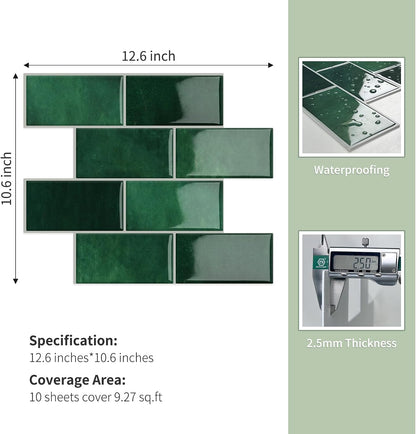 10-Sheet Thick Peel and Stick Kitchen Backsplash Tiles(Green,12"×12") | 3D Subway Waterproof Self-Adhesive Wall Tile Stick on Backsplash for Kitchen and Bathroom