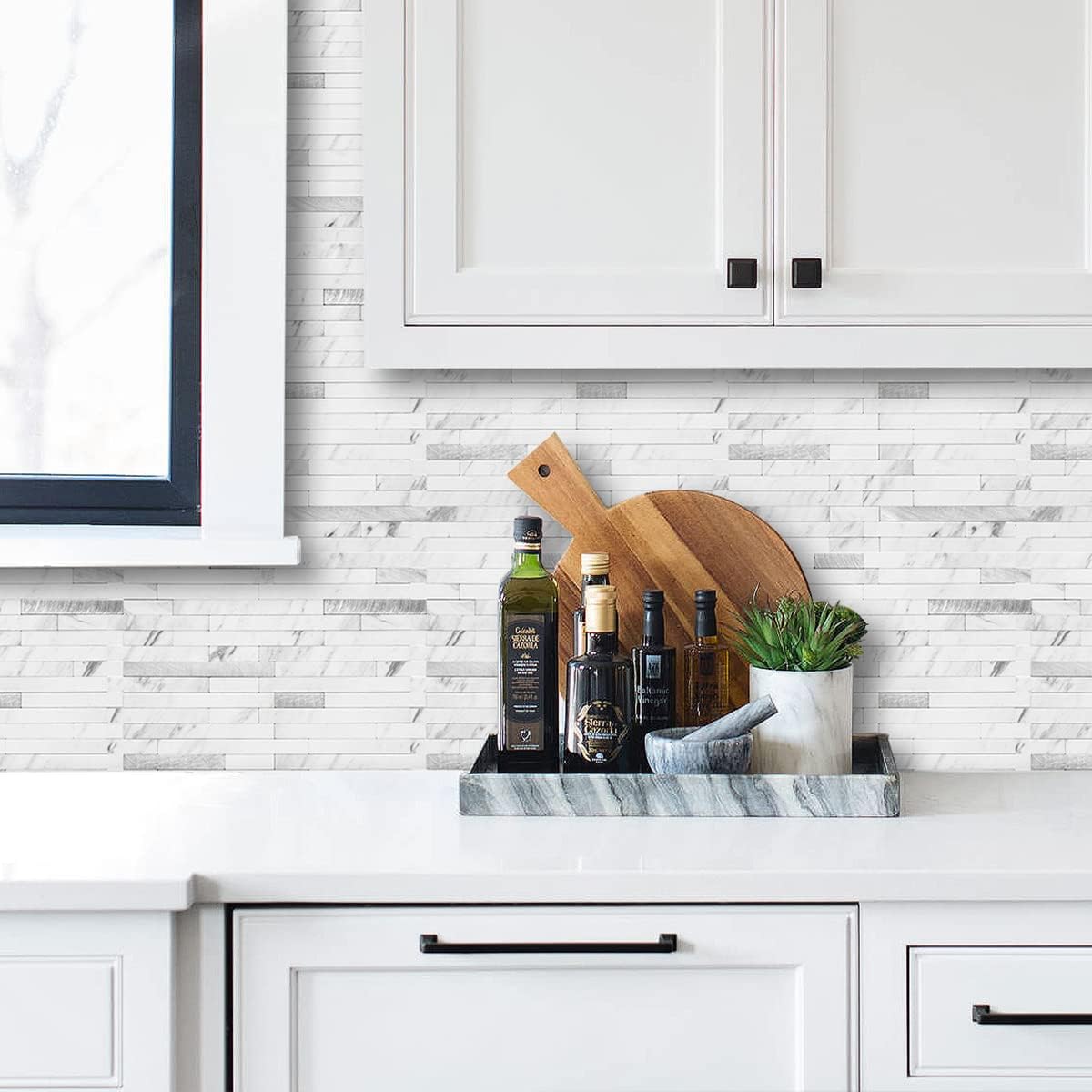 AULIGET 20 Sheets Peel and Stick Backsplash, Black & Grey Wood Look PVC Mixed Metal Stick on Backsplash Tiles for Kitchen