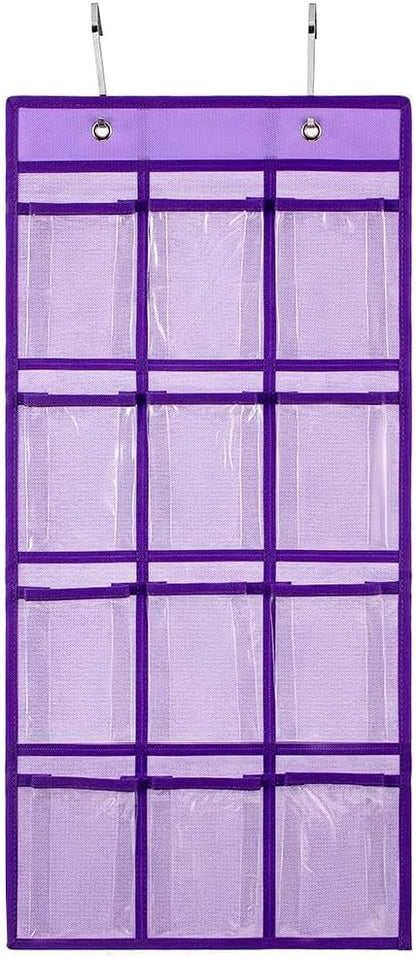 Classroom Pocket Chart For Cell Phones Calculators Over The Door Hanging Closet Underwear Sock Jewelry Organizer Holder 12 Clear Pockets (PURPLE)