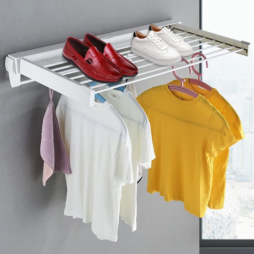 Wall Mounted Drying Rack Clothing for Laundry Foldable, Collapsible Clothes Drying Rack Folding Indoor, Laundry Dryer Hanger Rack with 7 Rods, for Laundry/Bathroom