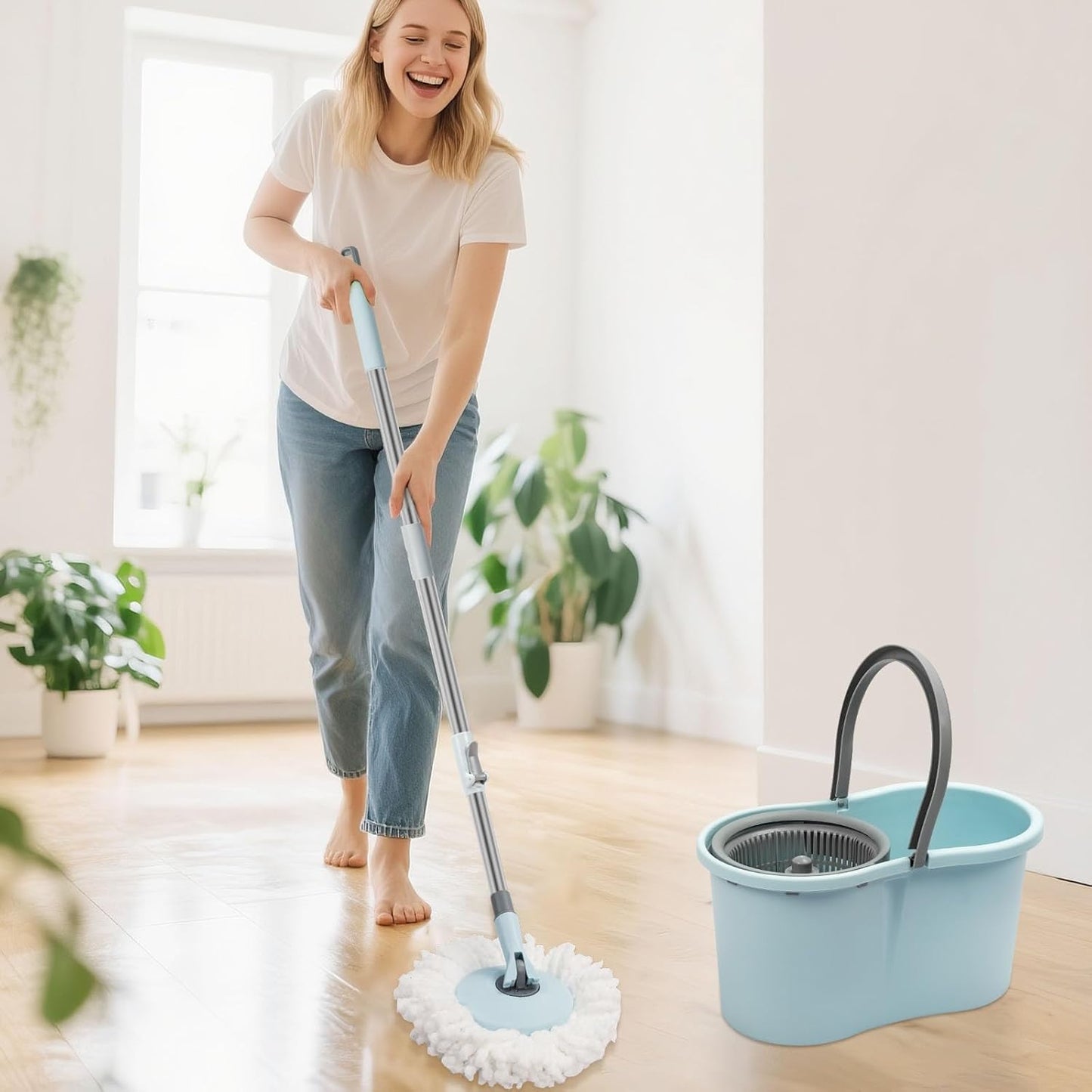 Spin Mop and Bucket with Wringer Set,360° Mop and Bucket System with 3 Microfiber Mop Refills and 50" Extended Handle for Floor Cleaning