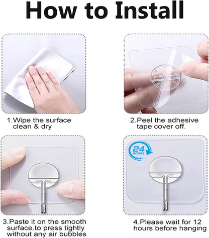 JINSHUNFA Adhesive Wall Hooks 13LB Heavy Duty No Drill Transparent Waterproof Hooks for Bathroom Kitchen Towel Coat 12 Pack