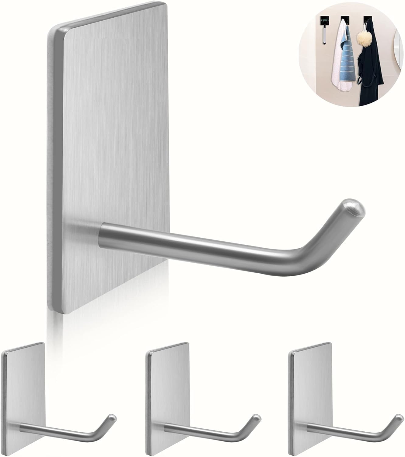 Adhesive Hooks Heavy Duty, Long Stainless Steel Self Adhesive Wall Hook, Sticky Towel Hangers for Kitchen Bathroom, Waterproof Stick on Door Hooks for Hanging Key Hat Coat 4Pack(Black)