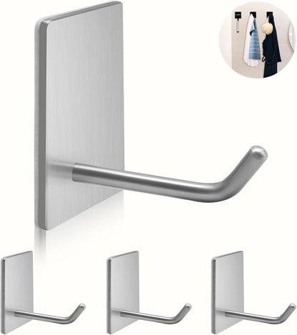 Adhesive Hooks Heavy Duty, Long Stainless Steel Self Adhesive Wall Hook, Sticky Towel Hangers for Kitchen Bathroom, Waterproof Stick on Door Hooks for Hanging Key Hat Coat 4Pack(Black)