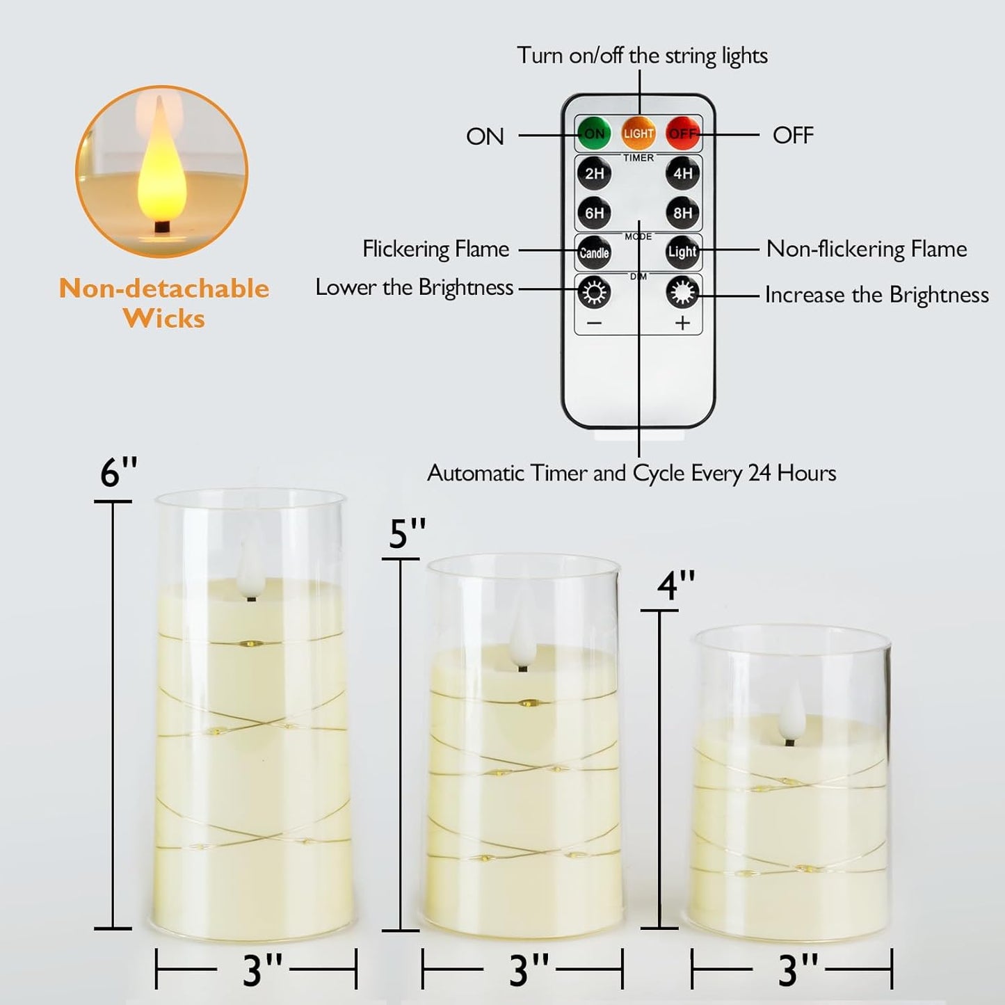 Amagic Red Flameless Candles 3 Set, Flickering Battery Operated Candles Embedded Fairy String Light, Realistic Pillar Candle with Remote Control and Timer, Acrylic, D3 x H4 5" 6"
