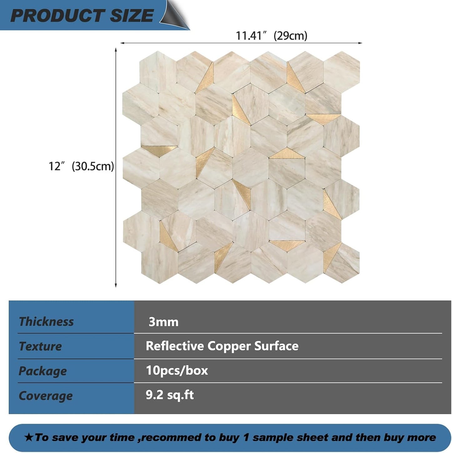 10-Sheet Heavy-Duty Hexagon Peel and Stick Backsplash, Thick Waterproof &Heat Resistant Stick on Wall Tiles, Slate Beige Mosaic for Kitchen & Bathroom, Strong Adhesive Permanent PVC Tiles