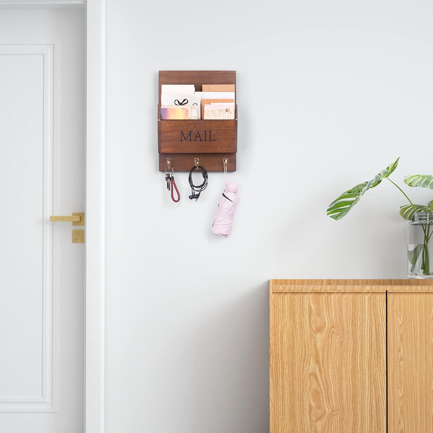 DLQuarts Mail Organizer with Key Holder for Wall, Mail Sorter Wall Mounted, Decorative Wooden Key and Mail Holder with 3 Hooks, Black
