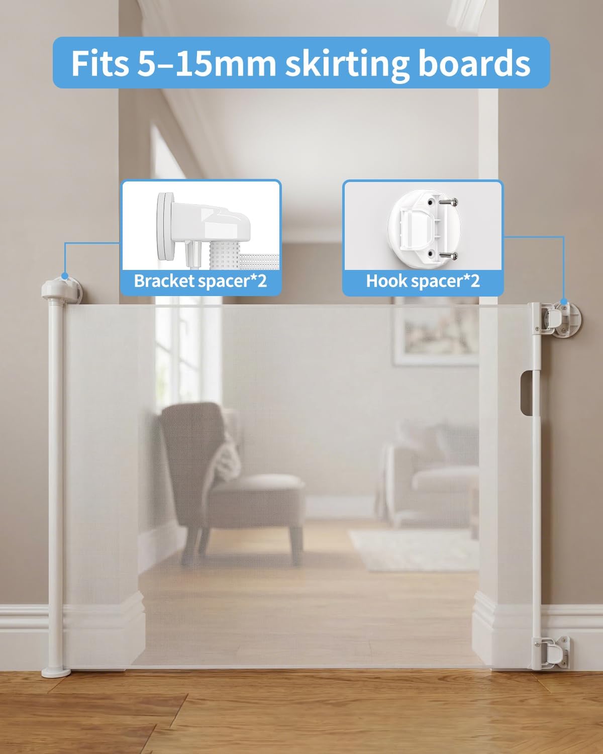 Retractable Baby Gate for Stairs – 33” Height, Expands up to 55” Width – Safety Gate for Infants, Toddlers, Dogs & Pets – Easy Install, Secure Closure, White Mesh Design for Indoor & Outdoor Use