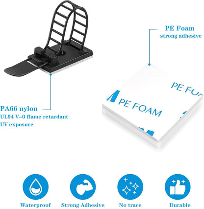 Adjustable adhesive cable management clips 50Pcs, large self adhesive cable ties clips ，Suitable for cable management under desks and on walls(Black)