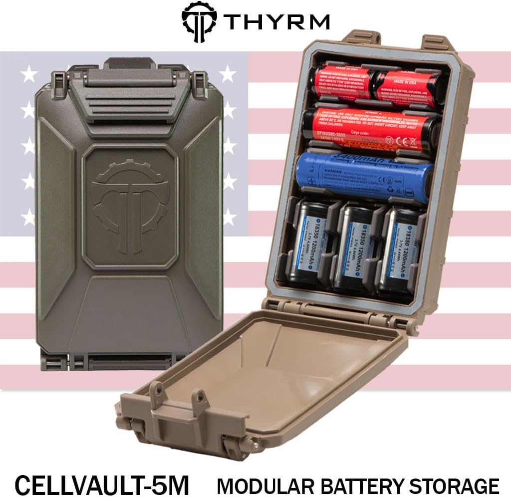 Thyrm CellVault-5M Modular Battery Storage for CR123, 18650, 18350, CR2032 Batteries with Movable Inserts, Made in USA