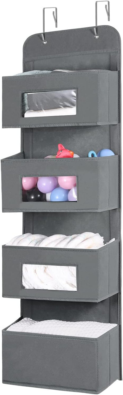 MAX Houser 4-Shelf Over The Door Hanging Organizer with 2 Metal Hooks, Gray | 4 Pocket Swing-proof Behind Door Organizers with Clear Windows for Bathroom Closet, Dorm