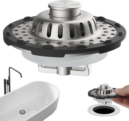Universal Bathtub Drain Stopper Shower Drain Hair Catcher, Tub Stopper with Visible Top Strainer, Upgraded 3 in 1 Pop-up Drain Plug Fit for 1.5 to 2.4" Hole, Stainless Steel Filter Basket, Chrome