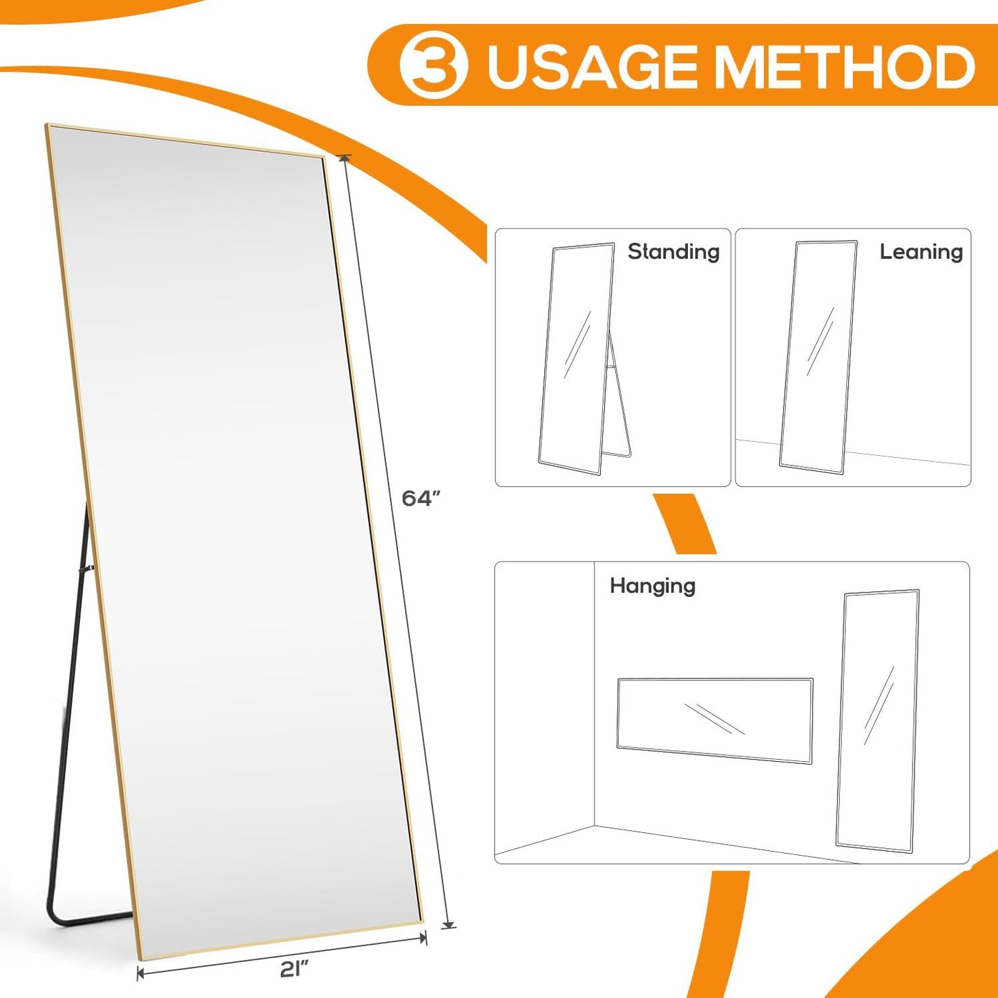 Arched Mirror Full Length, Upgraded 16"x59" Body Wall Mirrors with Shatter-Proof Glass, Floor Standing, Hanging or Leaning, Tall Arch Mirror with Stand Aluminum Alloy Frame for Bedroom, Black