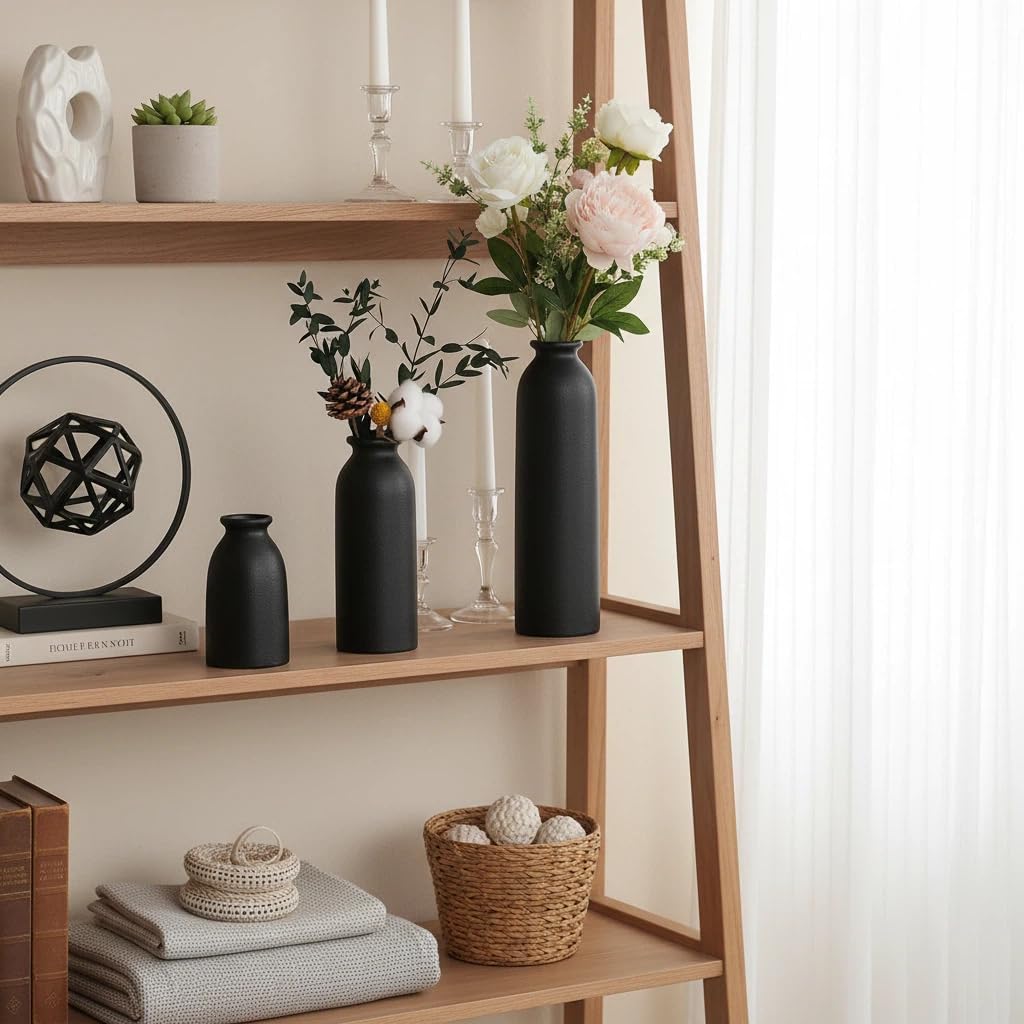 CEMABT Beige Ceramic vase Set-3 Small Flower vases for Decor,Modern Boho Farmhouse Home Decor,Decorative vase for Pampas Grass&Dried Flowers,idea Shelf,Table,Bookshelf ，Entryway- Distressed