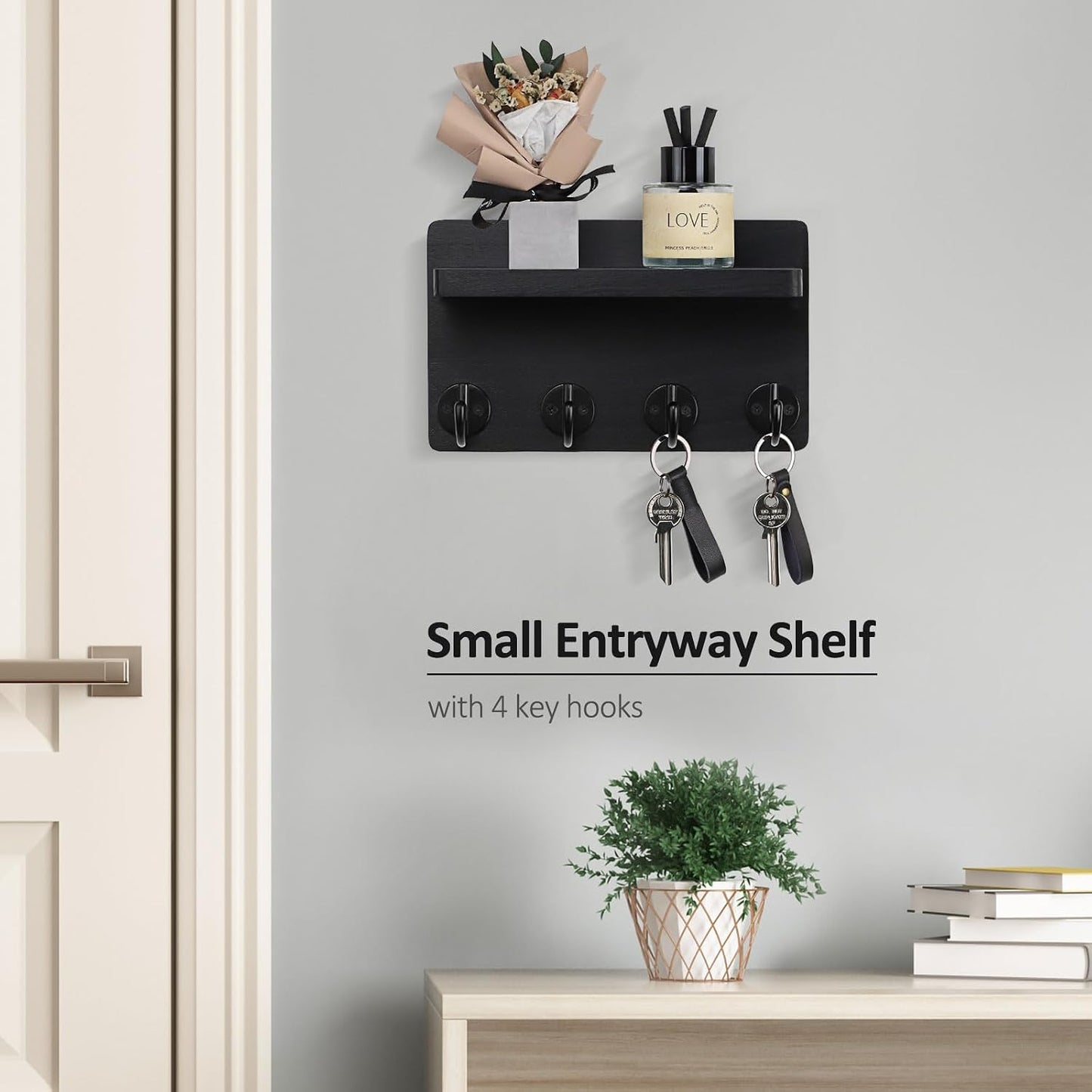 Nekon Key Holder Wall Mount, 8.5 Inch Small Home Decor Wooden Wall Organizer with 4 Hooks and Shelf, Wall Decor for Living Room Entryway Kitchen (Brown)
