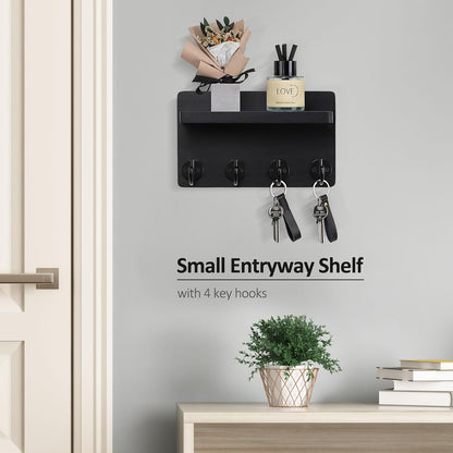 Nekon Key Holder Wall Mount, 8.5 Inch Small Home Decor Wooden Wall Organizer with 4 Hooks and Shelf, Wall Decor for Living Room Entryway Kitchen (Brown)