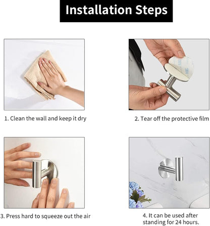 Vuzvuv Adhesive Hooks White SUS304 Stainless Steel - Self Adhesive Heavy Duty Waterproof Wall Hooks for Towel, Coat, Robe in Bathrooms Kitchen Hotel (2-Pack)