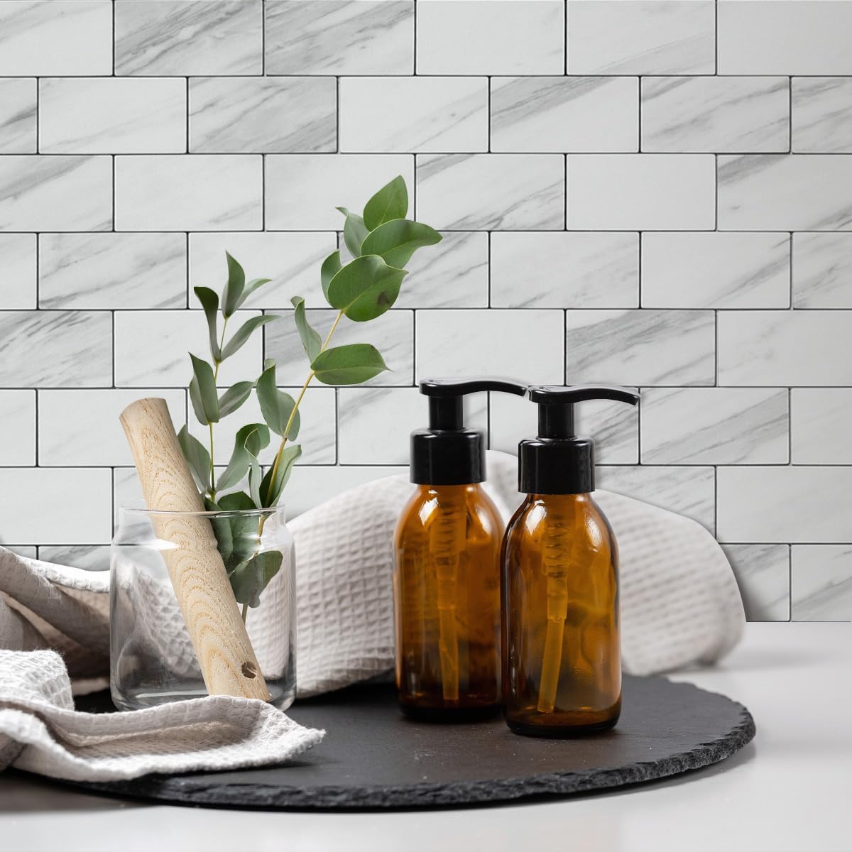 DICOFUN 10-Sheet Polished White Thick PVC Peel and Stick Backsplash, Ceramic Look Subway Tile White Kitchen Backsplash Peel and Stick Wall Tiles