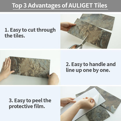 AULIGET 6" x 12" Black Slate Peel and Stick Backsplash Wall Tiles, PVC Faux Stone Stick on Tiles for Backsplash Kitchen, Bathroom, Laundry Room, Camper, Fireplace (Pack of 20)