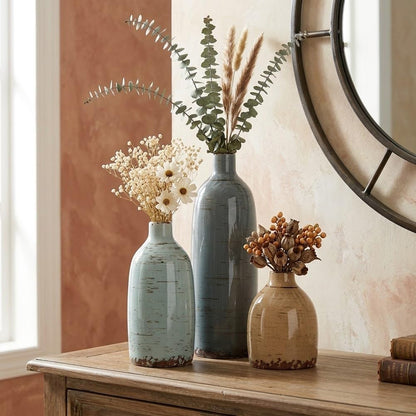 Ceramic Vase Set of 3, Small Flower Neutral Vases Home Decor, Pottery Rustic Farmhouse Decorative Vases, Modern Decor for Table Mantel Entryway Bookshelf Living Room Kitchen Bedroom