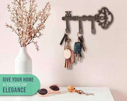 Comfify Brown Cast Iron Skeleton Key Wall Hook – 3 Hooks, 10.8" L | Brown; cast iron; 10.8"L x 2"W x 4.7"H; 3 hooks; KEYS embossed; matching brown screws; farmhouse entryway decor