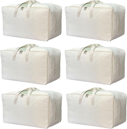 DoYiKe Soft Large Canvas Storage Bags with Zipper and Clear Window, Cotton Linen Storage Organizer for Pillows, Quilt, Blankets and Comforter, 80L, 4 Pack, Beige